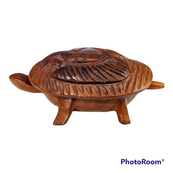 Vintage Hand Carved Wooden Turtle Trinket Ring Box Folk Art With Lid Brown - Picture 1 of 4